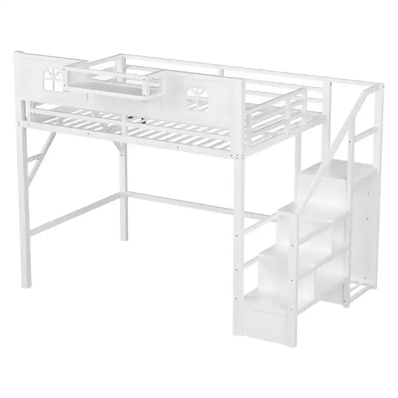 ModernLuxe Full/Queen Loft Bed with Stairs & Built-in Wardrobe, Metal Bed Frame with LED Lights, USB Charging Station & Storage Shelves