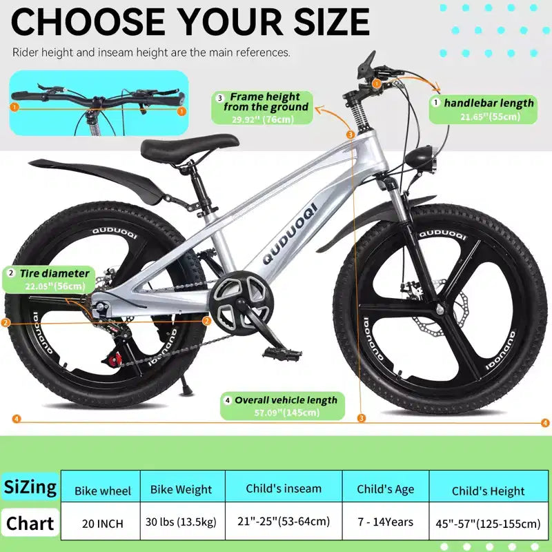 NAYSAYE 20 Inch Kids Mountain Bike with 7-Speed Drivetrain and Magnesium Alloy Frame for Boys and Girls Ages 8-12, 57.09*21.65*29.92