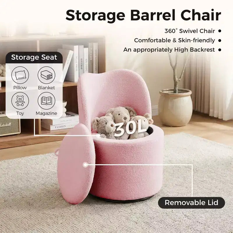 Swivel Vanity Chair with Storage, Upholstered Round Makeup Stool with Back, Soft Padded Barrel Accent Armchair for Bedroom & Living Room