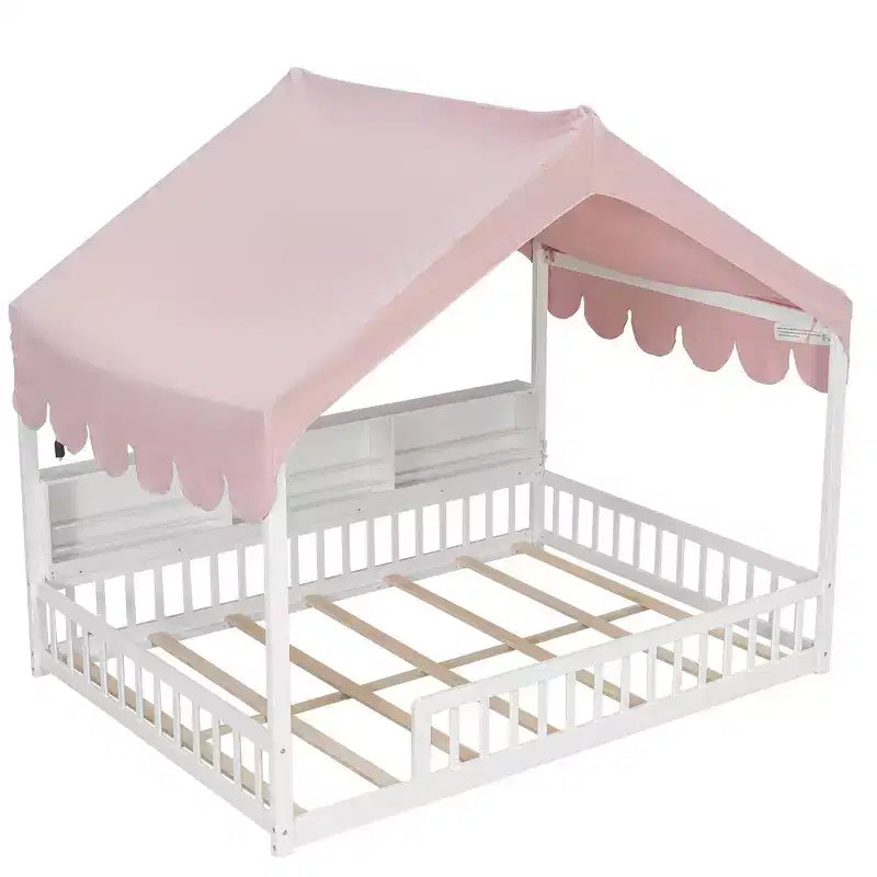 Whisen Full Size Wooden Floor Bed Frame, House-Shaped Daybed with Fense, 3 Storage Bookshelves, Curtain