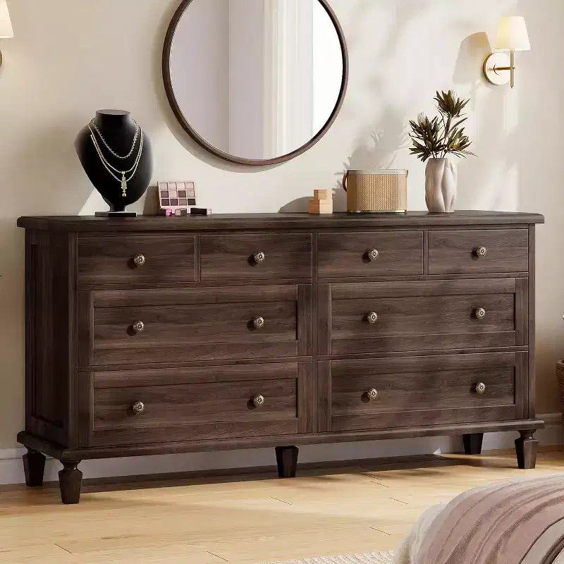 8 Drawer Dresser for Bedroom, Vintage 59 Dresser TV Stand with Carved Handles and Tapered Legs, Wood Chests of Drawers with Large Capacity Storage
