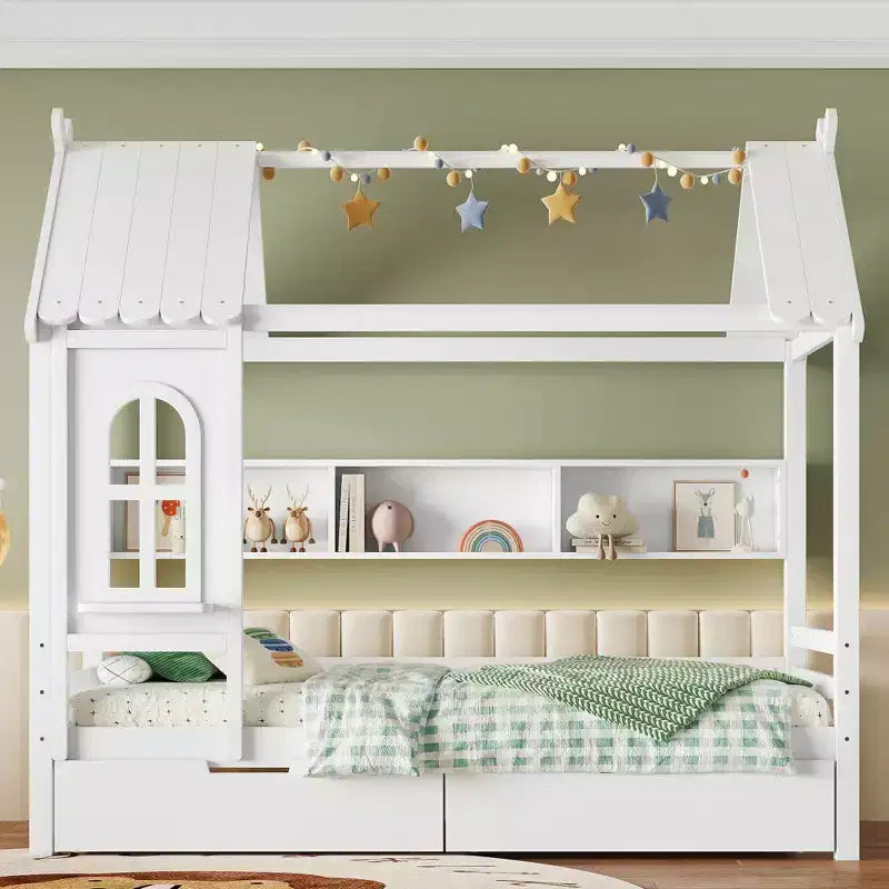 House Platform Bed with Storage Drawers and Window, Solid Wood Frame with Shelves, Childlike Fun Design, Light White
