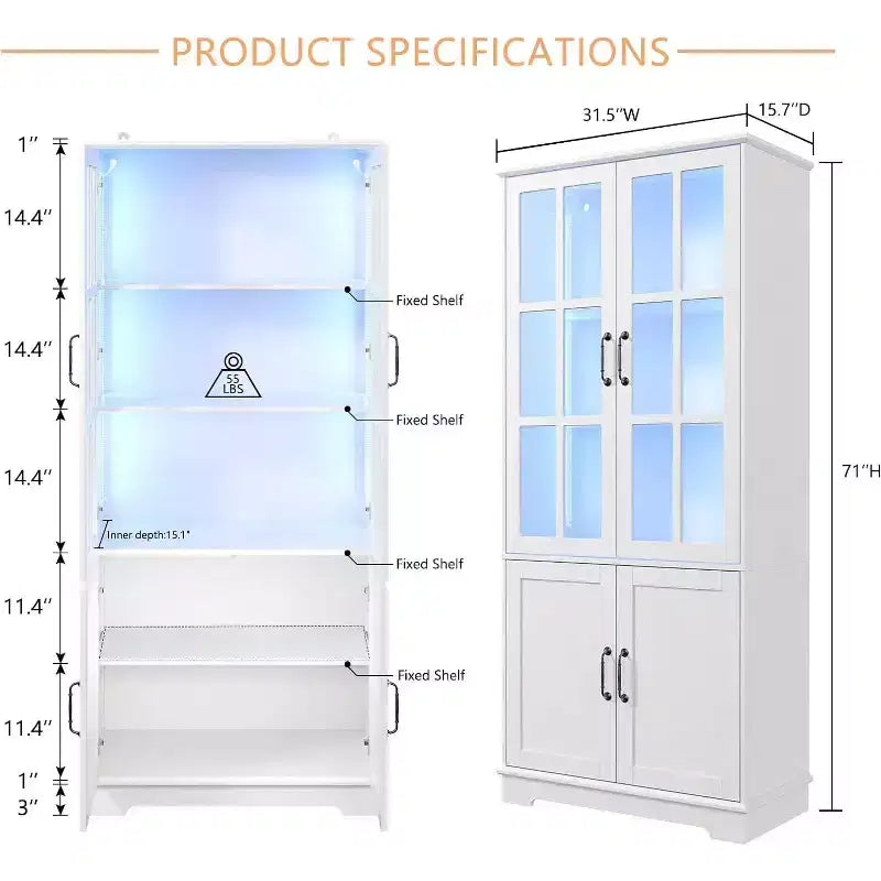 AMERLIFE 71Tall Storage Cabinet with LED Lights, Large Bookcase with Acrylic Glass Doors