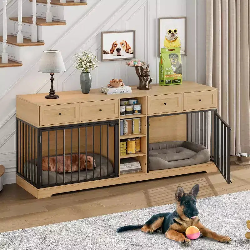 82 Double Dog Crate Furniture, Large Dog Kennel Indoor for 2 Dogs, Heavy Duty Wooden Dog Crate TV Stand with 4 Drawers and Shelves