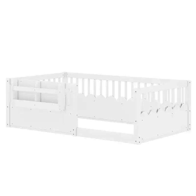Bellemave Kids Floor Bed with Heightened Fence and Bookshelf, Wooden Twin Montessori Bed Frame for Girls Boys