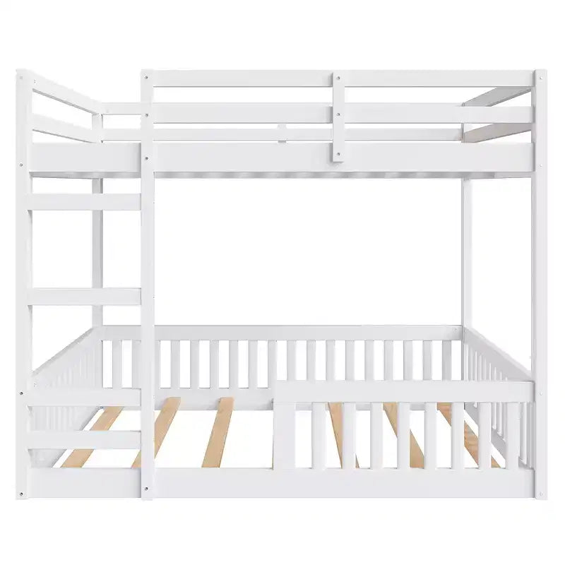 Full over Full Wooden Bunk Bed with Ladder and Guardrails, Low Floor Full Size Bunk Beds with Slats Support