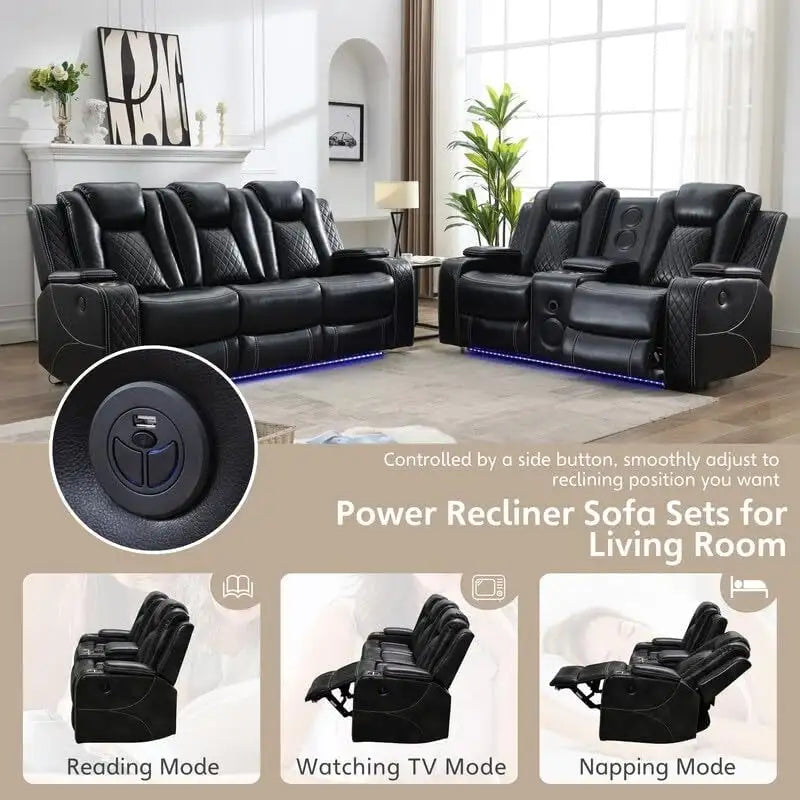 Power Reclining Sofa with Wireless Charger,Reading Light for Living Room,Faux Leather LED Light,AC/USB Port,Cup Holder,Black