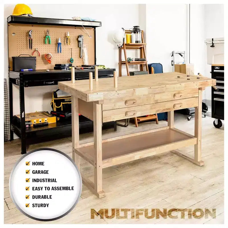 Olympia Tools 60 Rubber Hardwood Workbench, 4 Drawers, 450 lbs Weight Capacity