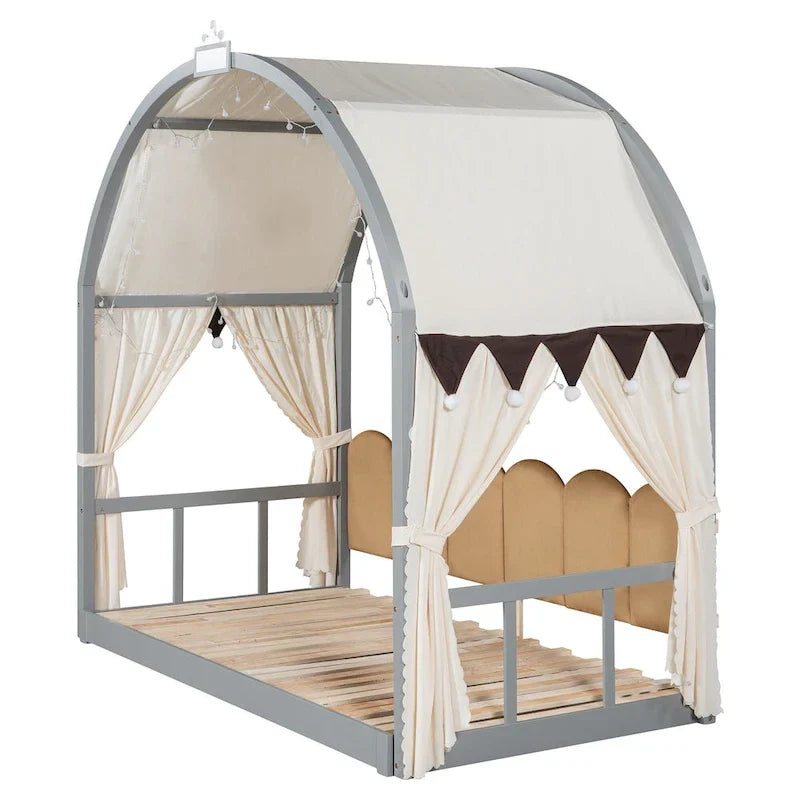 Solid Wood Playhouse Platform Bed Floor Montessori Bed Frame with Arched Roof and Trundle for Girls and Boys