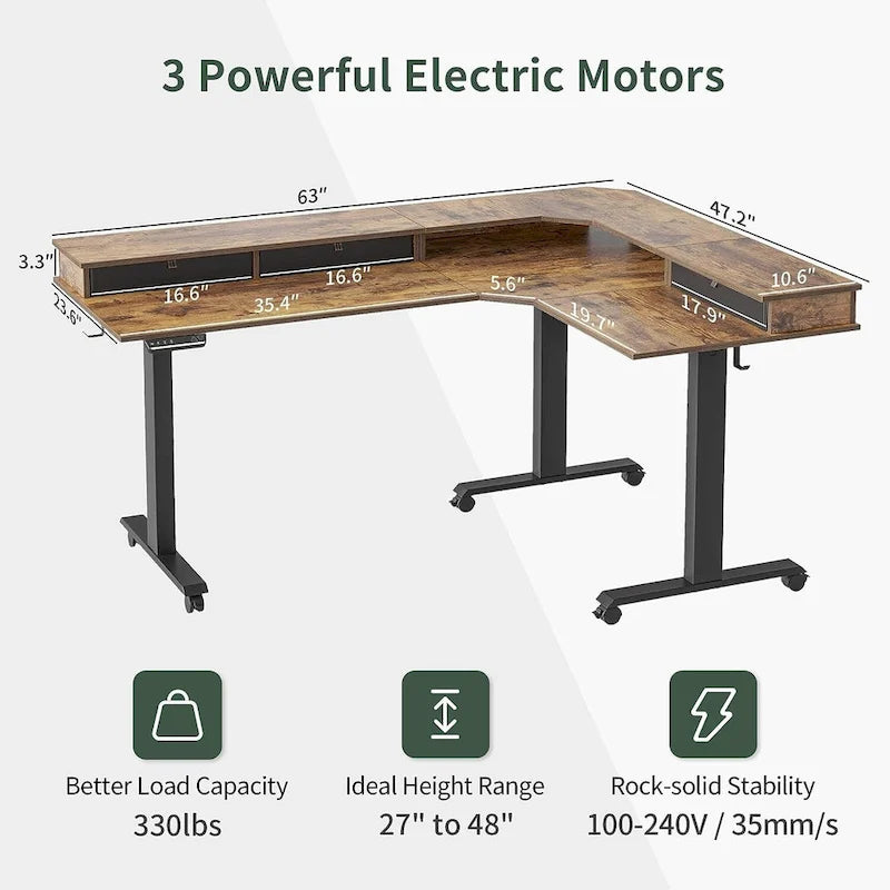 L-Shaped Electric Standing Desk with 3 Drawers & Lockable Casters, 63