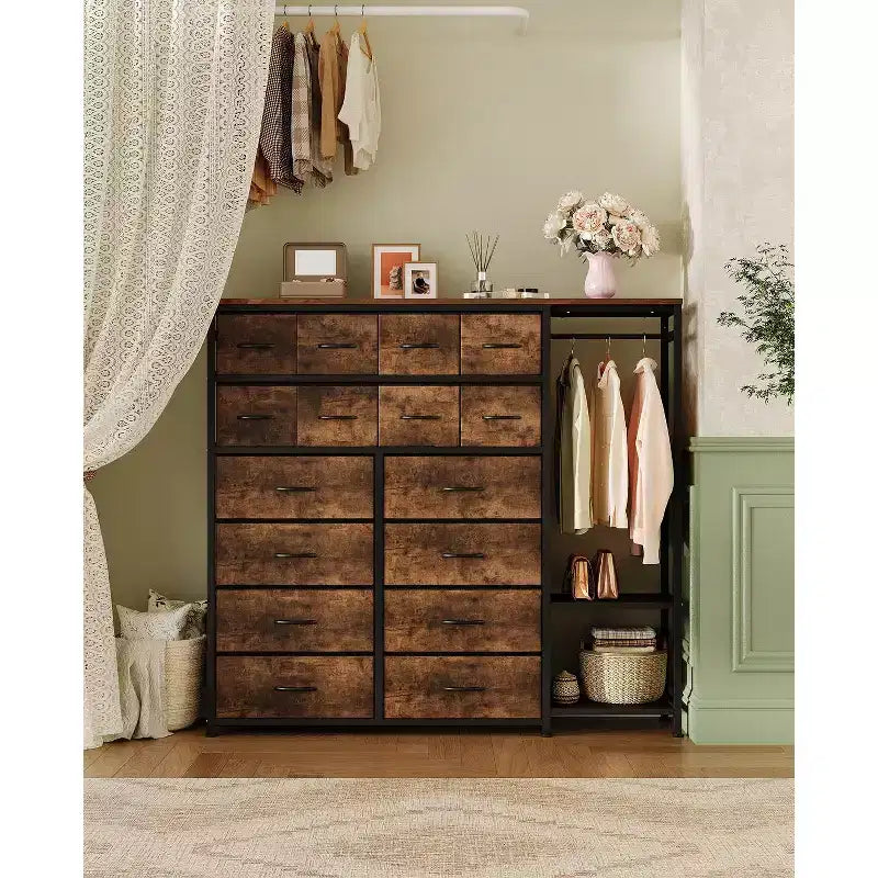 Dresser with 16 Drawers & Hanging Rod & Shelves, Fabric Storage Organizer for Bedroom, Closet, or Entryway