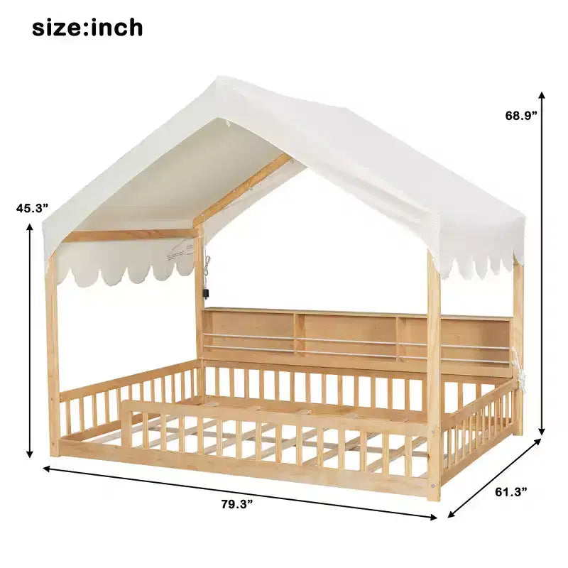 Whisen Full Size Wooden Floor Bed Frame, House-Shaped Daybed with Fense, 3 Storage Bookshelves, Curtain