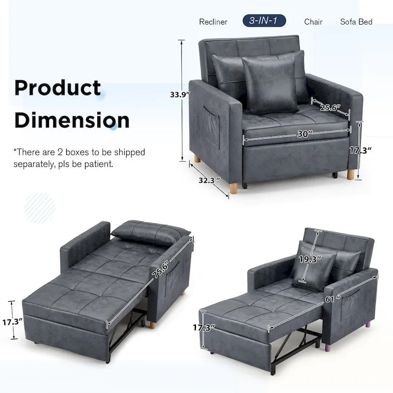 Adjustable Sleeper Chair Bed, 3-in-1 Convertible, Multiple Colors, Fits 1 Person