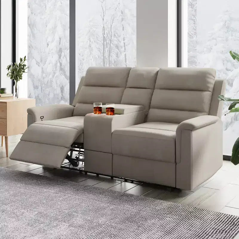 Beige/Gray Tech Fabric Reclining Loveseat Sofa, 2-Seat, Adjustable Backrest & Footrest