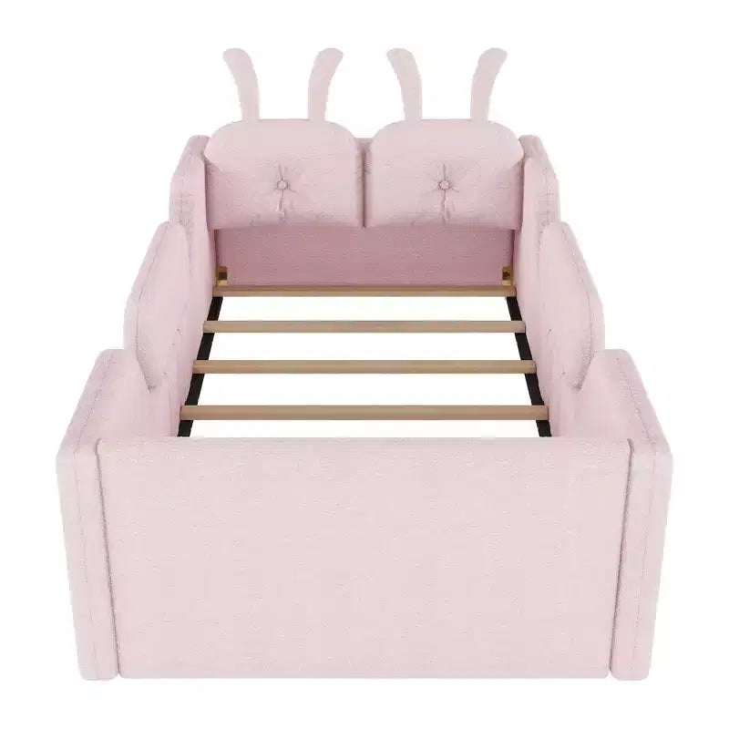 Whisen Twin Platform Bed, Kids Floor Upholstered Bed Frame with Rabbit Cushion, Removable Side Rails