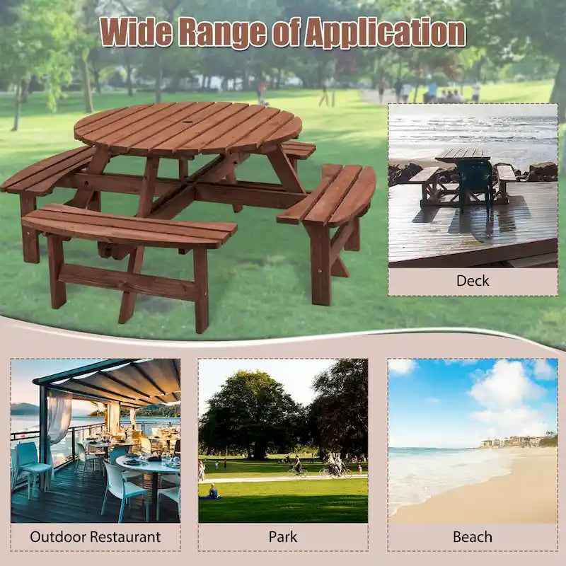 8-Person Outdoor Patio Fir Wood Round Picnic Dining Set with 4 Built-in Benches and Umbrella Hole