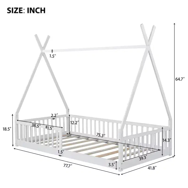 Floor Bed for Kids, Twin Size Tent Beds, Montessori Floor Bed with Slats and Fence Rails, Wood House Bed Frame for Boys Girls