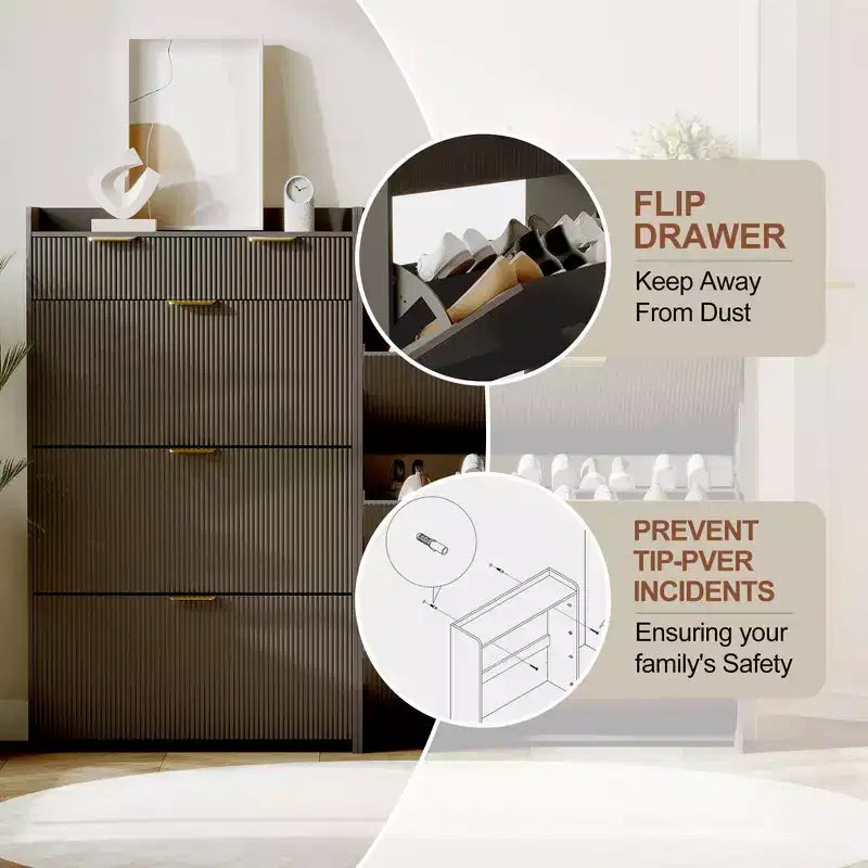 Modern White Shoe Cabinet with 3 Flip Drawers & 2 Small Drawers & Hook, Slim Fluted Shoe Storage Organizer, Narrow Entryway Cabinet