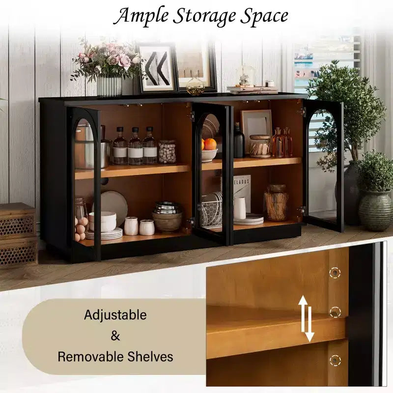 4-Door Large Storage Buffet Cabinet with Glass Doors, Arched Cabinet with Adjustable Shelves for Kitchen