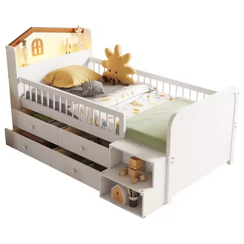Whisen Low Twin Loft Bed with LED Lights, House Shape Headboard & Storage Drawers, Solid Construction