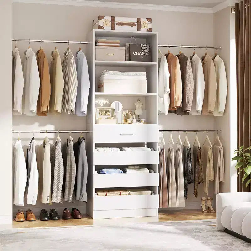 Besiost 4-9 Ft Wooden Closet Organizer System with 4 Drawers, 4 Hanging Rods & Shelving Towers