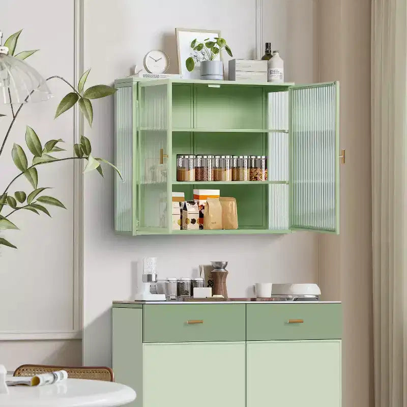 Meuble haut moderne à 2 portes Okak avec portes vitrées de rangement à 3 niveaux pour entrée/salle à manger/salon/cuisine