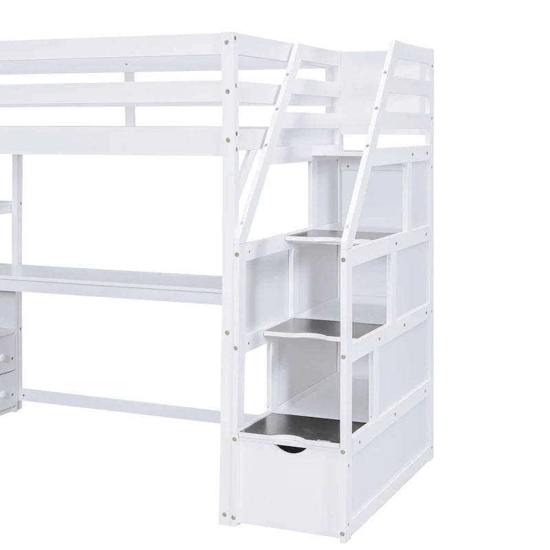 Twin Size Loft Bed with Desk and Shelves, Two Built-in Drawers, Storage Staircase
