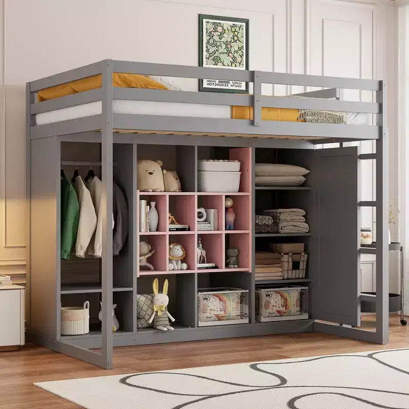 Lit mezzanine enfant avec armoire et étagères, Cadre de lit mezzanine en bois avec meuble de rangement pour enfants et adolescents