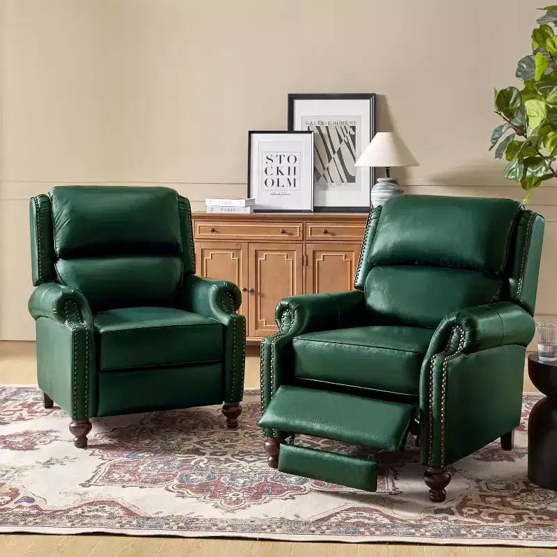 Set of 2 Elisabete Modern Wingback Genuine Leather Recliner with Vintage Nail Head Trim for Living Room and Bedroom| ART OF LIVING DESIGNS