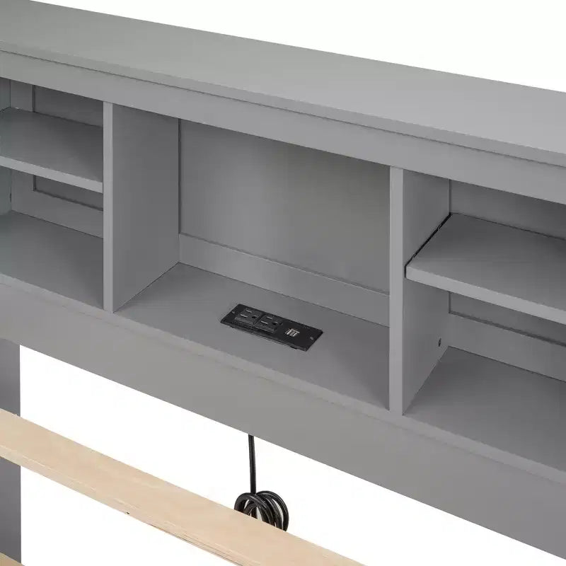 Platform Bed with Trundle and Drawers, Storage Platform Bed with USB, Wood Platform Bed with Bookcase