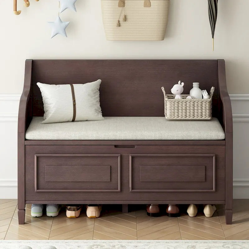 Rustic Solid Wood Entryway Storage Bench with Safety Hinge
