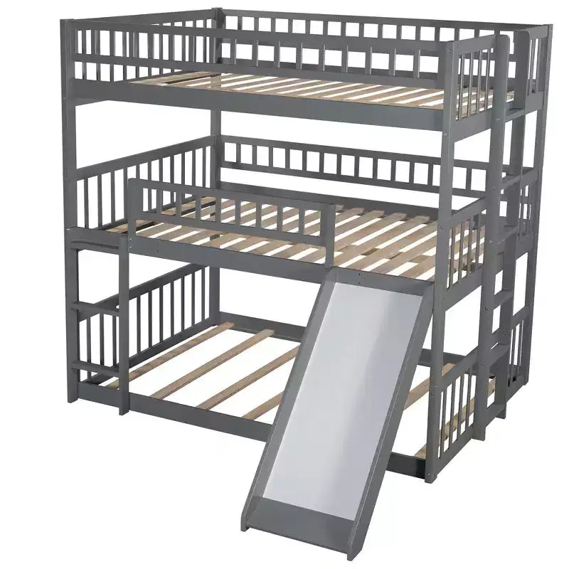 Full Over Full Triple Bunk Bed with Convertible Ladder and Slide, Triple Bed with Guardrails, White/Gray/Espresso - ModernLuxe