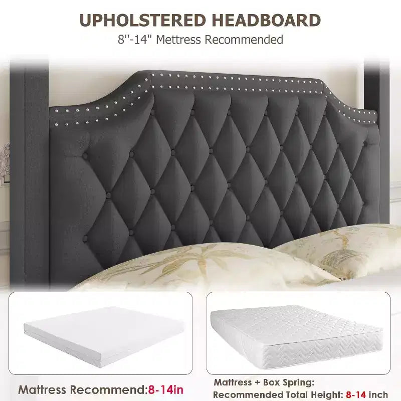 Queen Size Canopy Bed Frame with Poles 4 Corner Bed Bracket, Solid Wood Slats Support, No Box Spring Needed, Noise Free