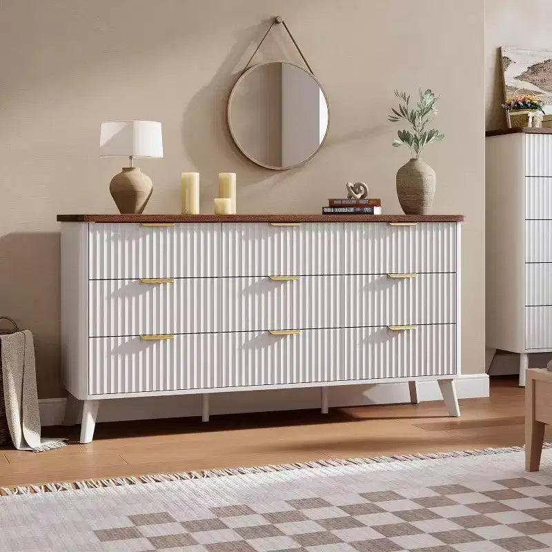 9 Drawers Fluted Dresser, Modern Chest, Wooden Dresser TV Stand, Curved Profile Design, for Living Room, Hallway