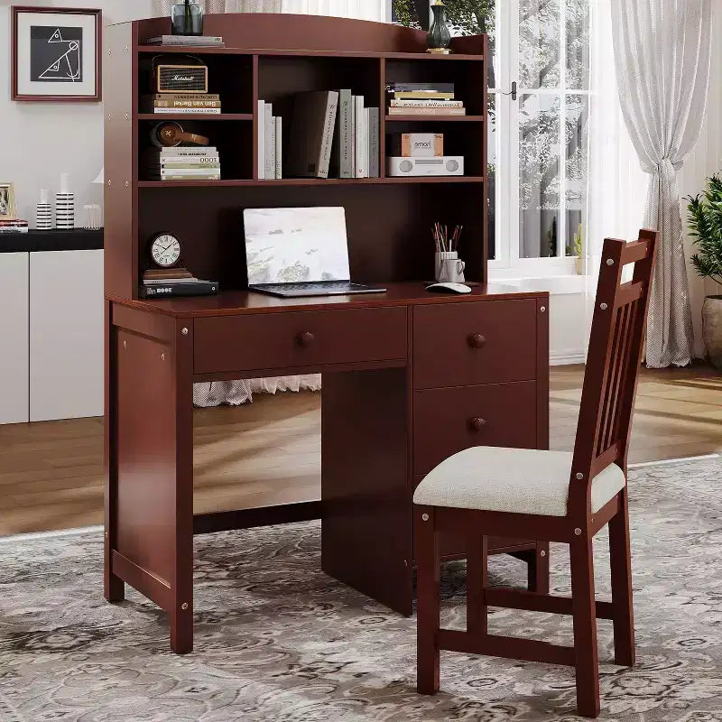 Okak Modern Home Office Wooden Computer Desk with Desktop/Chair & Bookshelf,Teens Student Storage Writing Desk for Study,Office