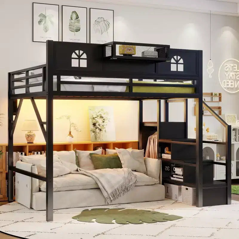 ModernLuxe Full/Queen Loft Bed with Stairs & Built-in Wardrobe, Metal Bed Frame with LED Lights, USB Charging Station & Storage Shelves
