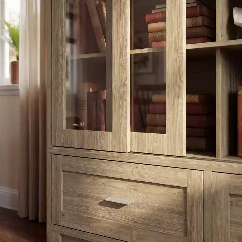 Famapy Light Oak-Grain Display Bookcase: 63W,Sliding Glass Doors + Drawer Storage  Spacious Organizer for Home Libraries & Living Rooms
