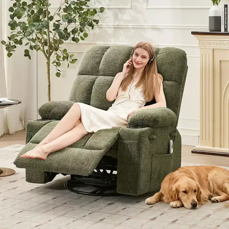 Oversized Recliner Chair for Adults, Manual Swivel Rocker Sofa, Side Pockets & Cup Holders for Big and Tall Persons, Living Room