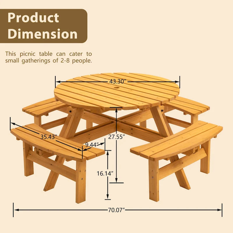 8-Person Outdoor Patio Fir Wood Round Picnic Dining Set with 4 Built-in Benches and Umbrella Hole