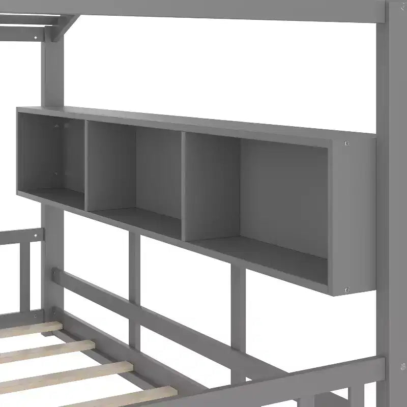 Floor House Bed with Built-In Storage Shelves & Slatted Roof