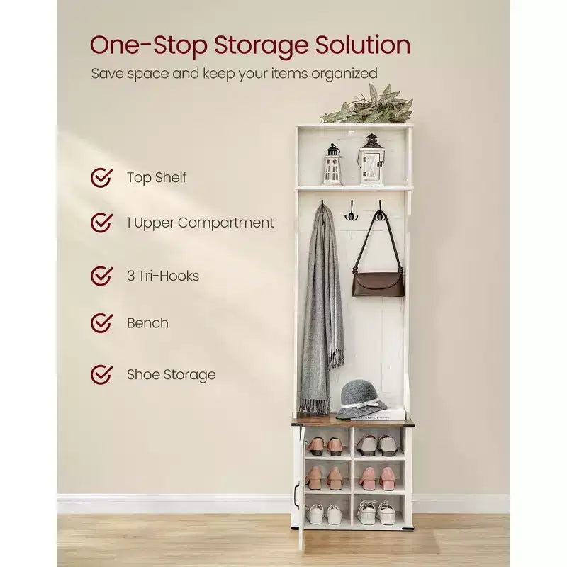 Hall Tree with Bench and Shoe Storage, Coat Rack with Shoe Bench, Entryway Furniture, 3 Tri-Hooks, Door with Handle, Rustic White
