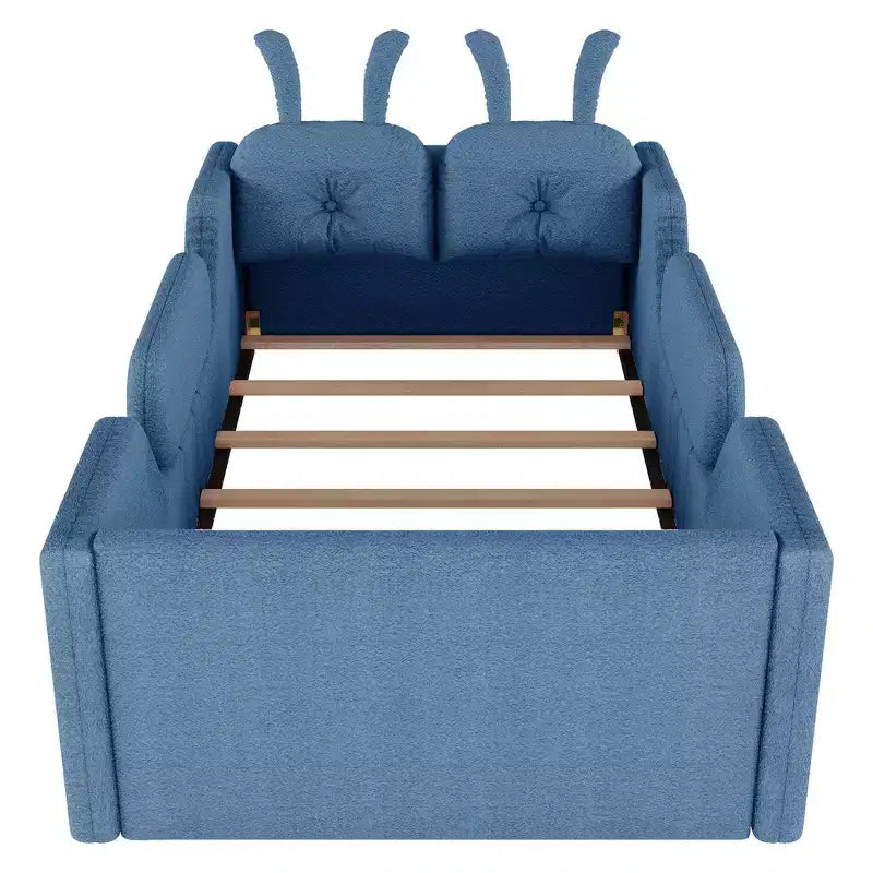 Whisen Twin Platform Bed, Kids Floor Upholstered Bed Frame with Rabbit Cushion, Removable Side Rails