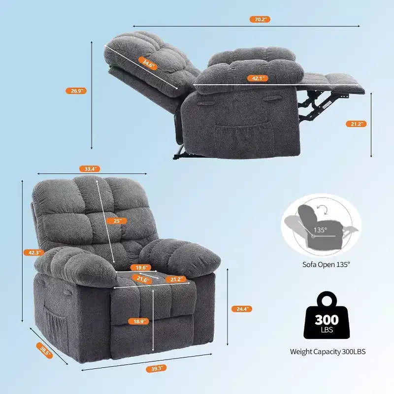 Manual recliner, ergonomic breathable fabric recliner with side pockets, single sofa, suitable for living room bedroom