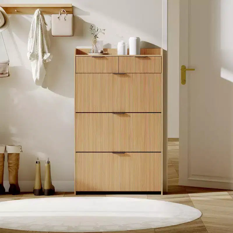 Modern White Shoe Cabinet with 3 Flip Drawers & 2 Small Drawers & Hook, Slim Fluted Shoe Storage Organizer, Narrow Entryway Cabinet