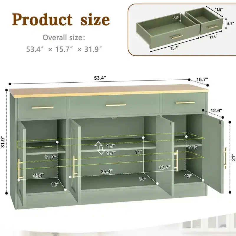 Celebalcony Buffet Cabinet with Storage,53.4 Large Kitchen Storage Cabinet with 3 Drawers & 4 Doors, Adjustable Shelf for Kitchen,Living Room
