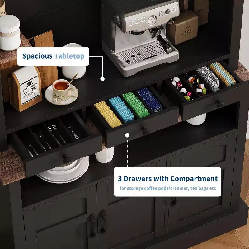 72 Tall Farmhouse Style Coffee Bar Cabinet with LED Lights, Kitchen Buffet Featuring Doors and Drawer, Adjustable Shelves, Spacious Storage
