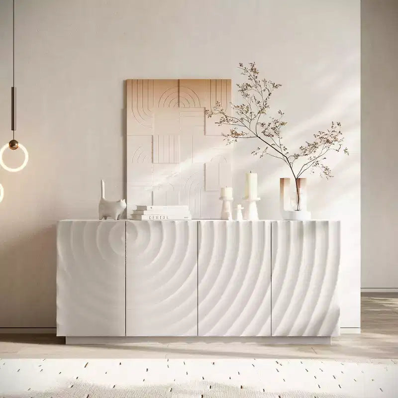 59 Modern Spiral Sideboard Buffet Cabinet, Low Profile Art Entryway Storage Cabinet with 3D Ripple Texture Doors