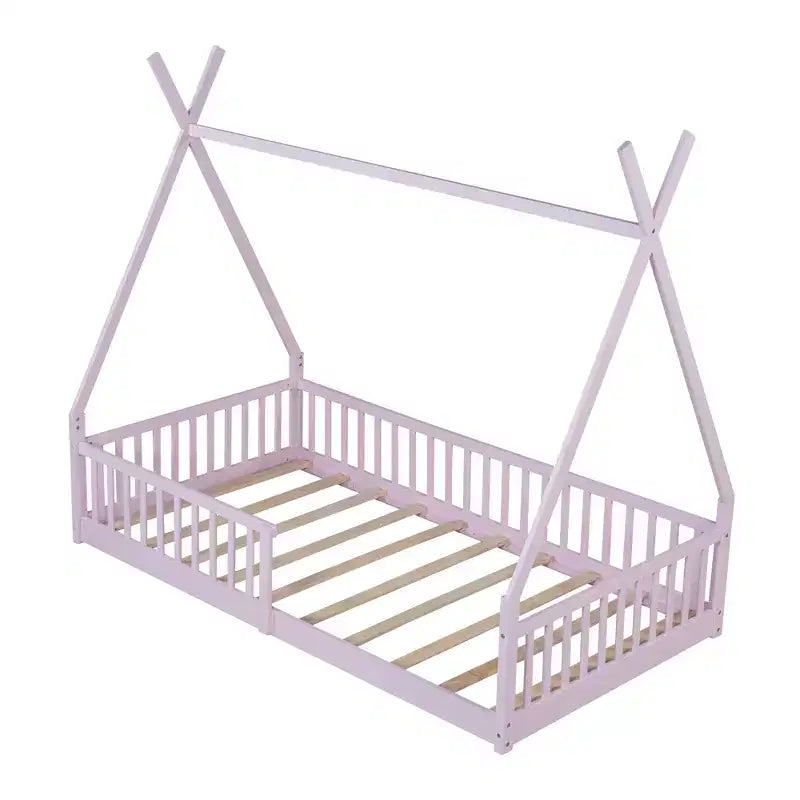 Floor Bed for Kids, Twin Size Tent Beds, Montessori Floor Bed with Slats and Fence Rails, Wood House Bed Frame for Boys Girls