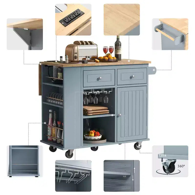 Movable Kitchen Island with Power Outlet, Drop Leaf and Rubber Wood Top