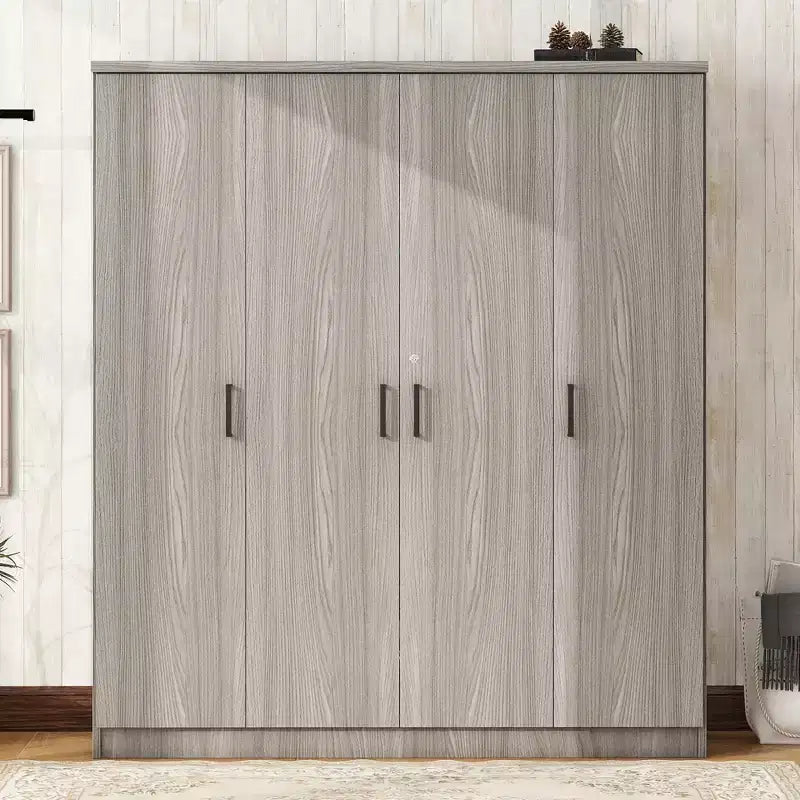 Wood 4-Door Wardrobe Armoire with Hanging Rod, 1-Drawer and Storage Shelves